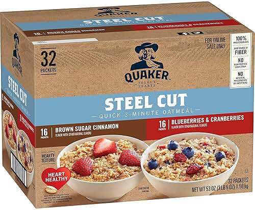 Quaker Steel Cut Quick 3-Minute Oatmeal, 2 Flavor Variety Pack, Individual Packets, 32 Count - Image 1