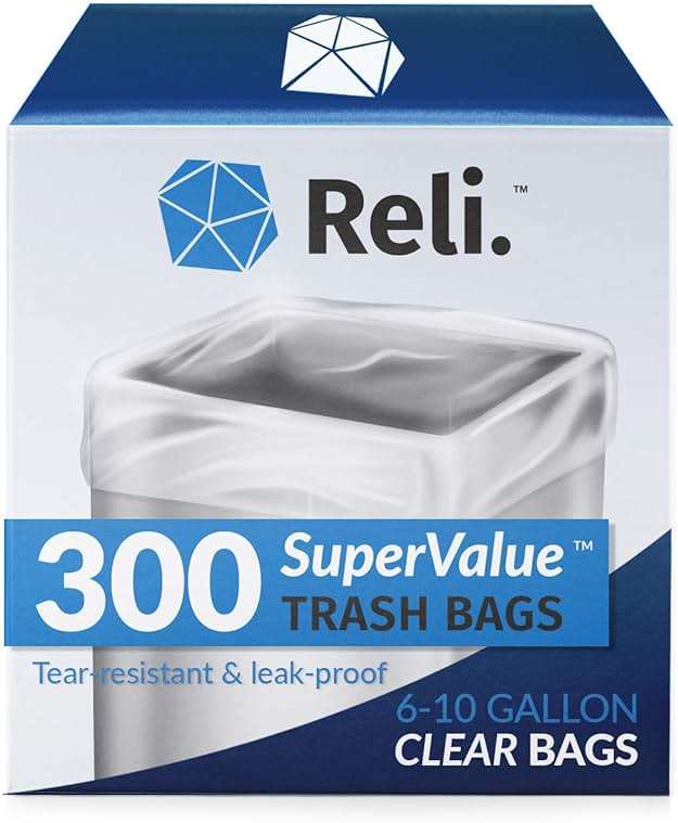 Reli. 6-10 Gallon Trash Bags | 300 Bags | Clear | Bathroom | Strong | Garbage - Image 1