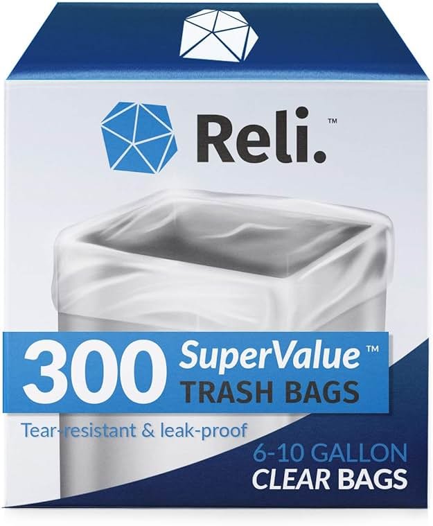 Reli. 6-10 Gallon Trash Bags | 300 Bags | Clear | Bathroom | Strong | Garbage - Product Image