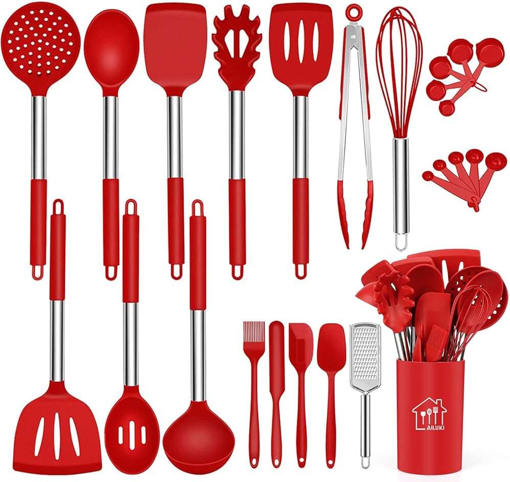 Silicone Cooking Utensil Set,Kitchen Utensils 26 Pcs Set,Non-stick Heat Resistant Silicone,Cookware with Stainless Steel Handle - Red - Image 1