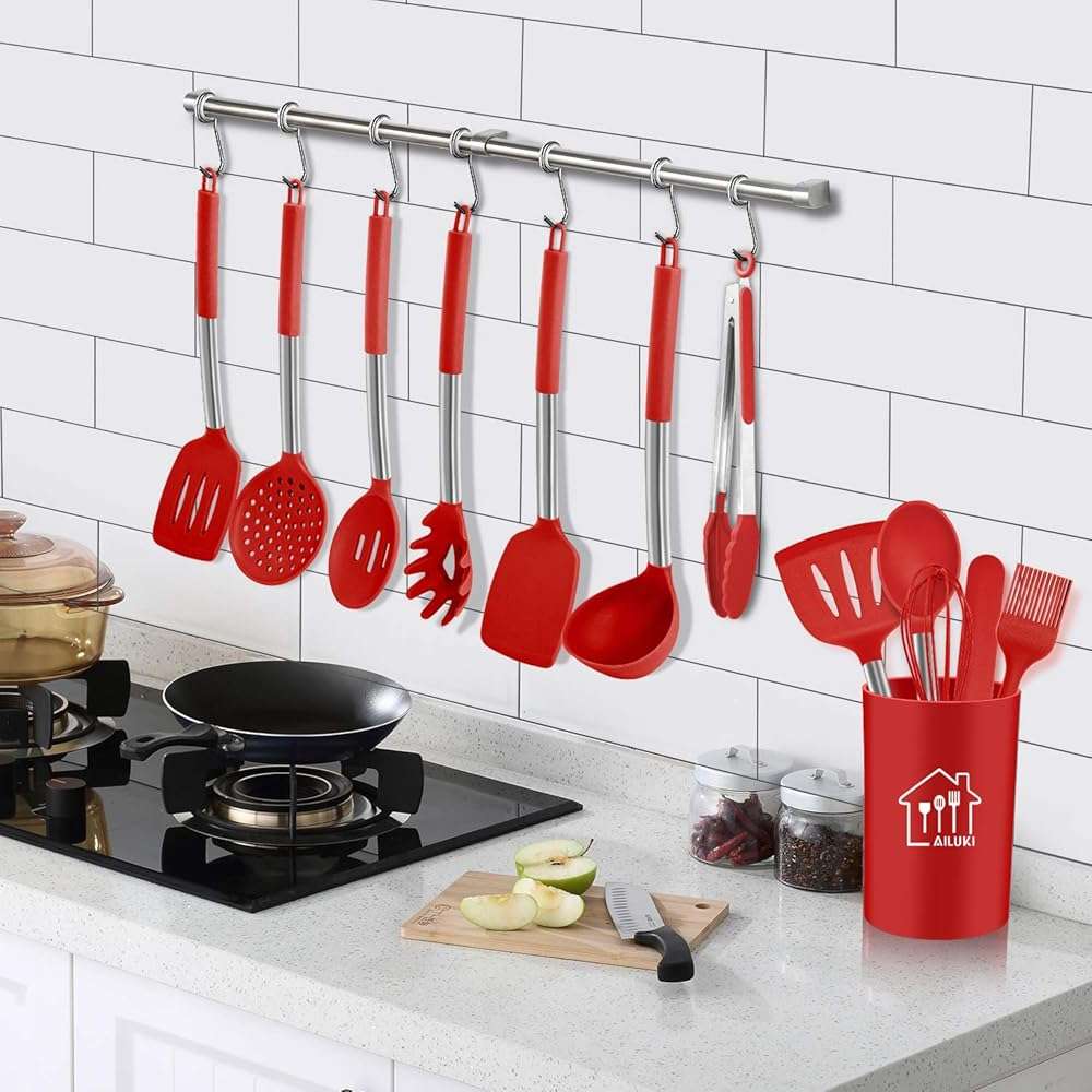 Silicone Cooking Utensil Set,Kitchen Utensils 26 Pcs Set,Non-stick Heat Resistant Silicone,Cookware with Stainless Steel Handle - Red - Image 2
