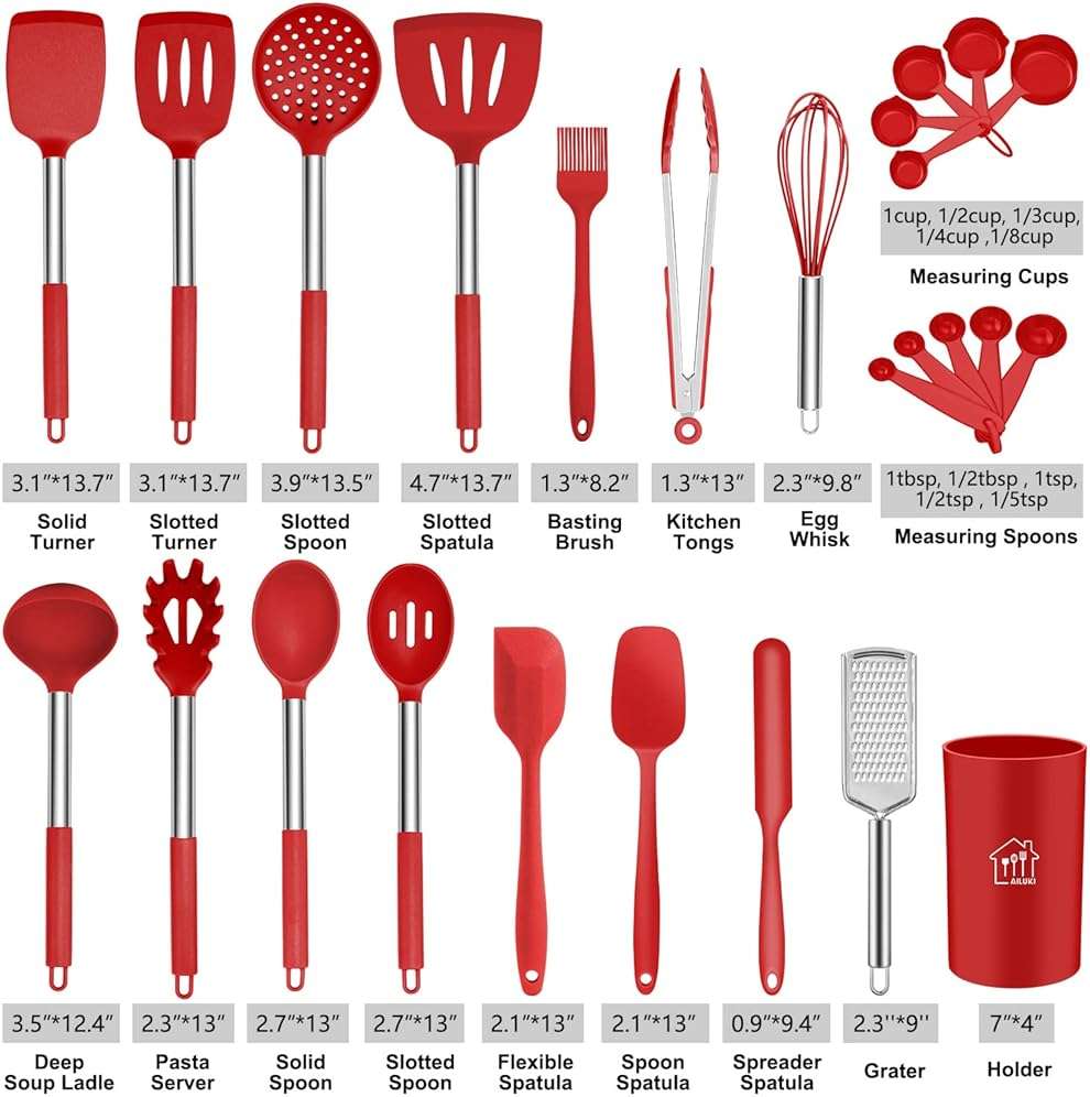 Silicone Cooking Utensil Set,Kitchen Utensils 26 Pcs Set,Non-stick Heat Resistant Silicone,Cookware with Stainless Steel Handle - Red - Image 3