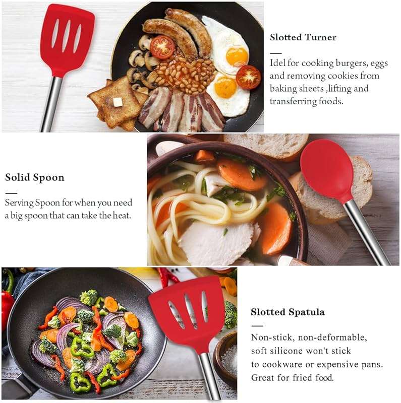 Silicone Cooking Utensil Set,Kitchen Utensils 26 Pcs Set,Non-stick Heat Resistant Silicone,Cookware with Stainless Steel Handle - Red - Image 7