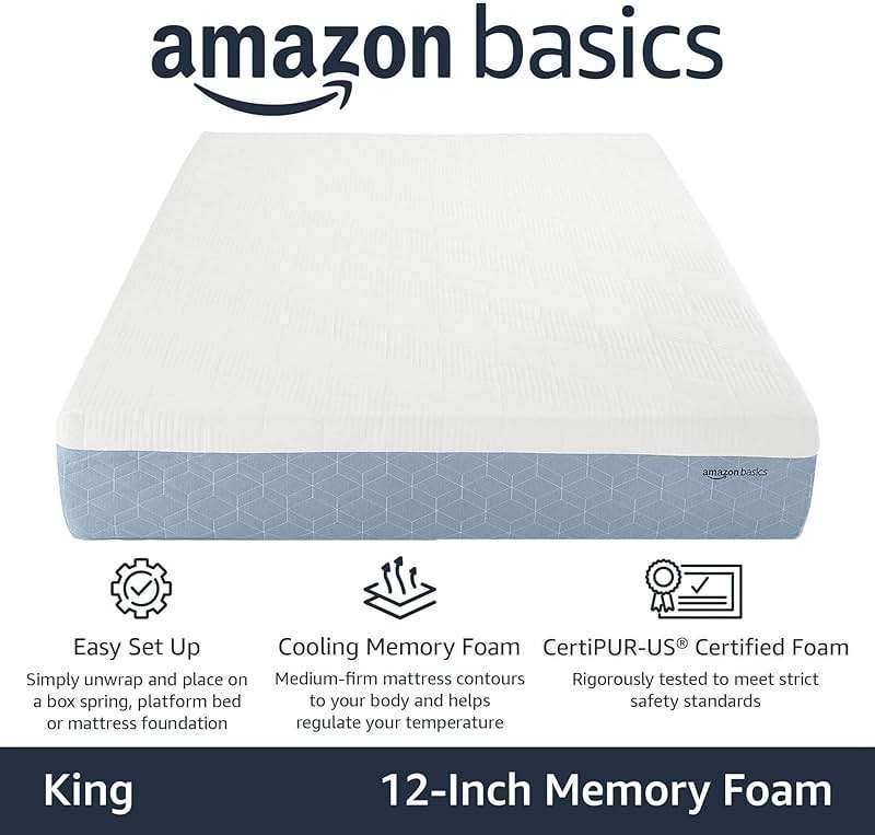 Amazon Basics Cooling Gel Memory Foam Mattress, Medium-Firm, Body Contouring, CertiPUR-US Certified Foam, King Size, 80 x 76 x 12 inches, White/Gray - Image 2