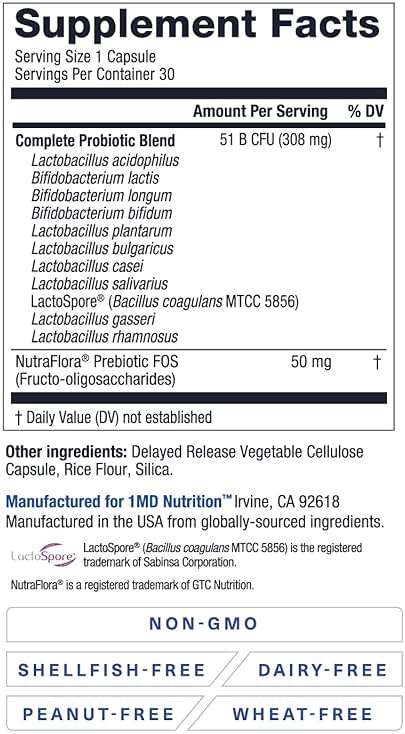 1MD Nutrition Complete Probiotics Platinum - w/Prebiotics and Probiotics for Digestive Health - Probiotic Supplement for Women & Men - More Than 50 Billion Live CFU 11 Strains Dairy-Free - 30 Caps - Image 6