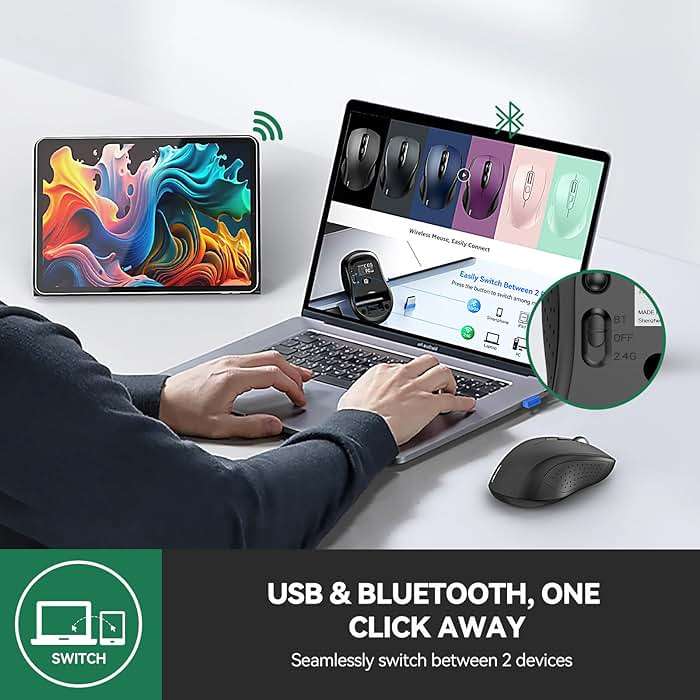 TECKNET Bluetooth Mouse (BT 5.0/3.0+2.4Ghz), 6-Level 4000 DPI Wireless Mice for Laptop, 2-in-1 Ergonomic Computer Portable PC Mouse, Silent Mouse with USB Receiver for Windows/Mac/PC/Notebook - Image 2