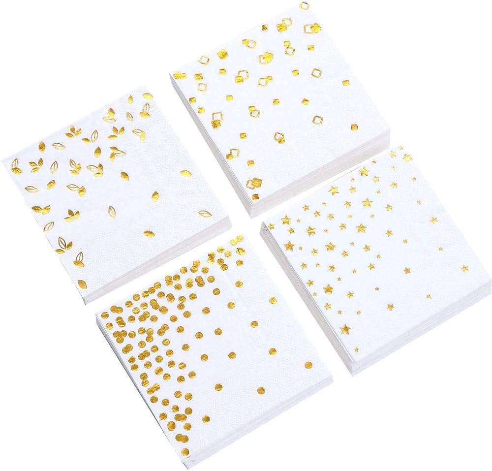 100 PK Gold Napkins - 4 Assorted Designs - 3-Ply Cocktail Napkins Folded 5 x 5 Inches Bar Napkins Disposable Party Napkins Paper Napkins Dinner for Wedding Baby Shower Birthday Graduation 2023 - Image 1