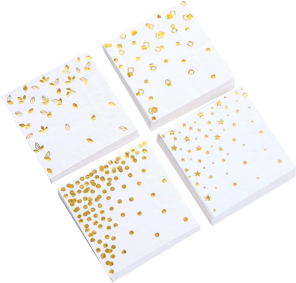 100 PK Gold Napkins - 4 Assorted Designs - 3-Ply Cocktail Napkins Folded 5 x 5 Inches Bar Napkins Disposable Party Napkins Paper Napkins Dinner for Wedding Baby Shower Birthday Graduation 2023 - Product Image