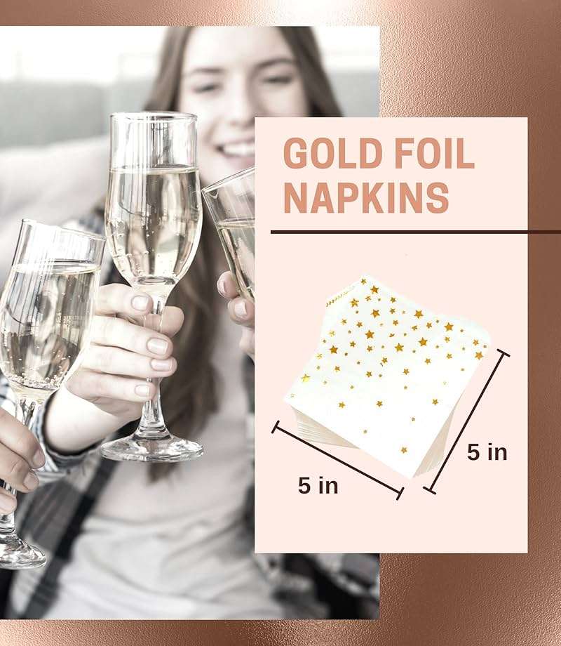 100 PK Gold Napkins - 4 Assorted Designs - 3-Ply Cocktail Napkins Folded 5 x 5 Inches Bar Napkins Disposable Party Napkins Paper Napkins Dinner for Wedding Baby Shower Birthday Graduation 2023 - Image 3