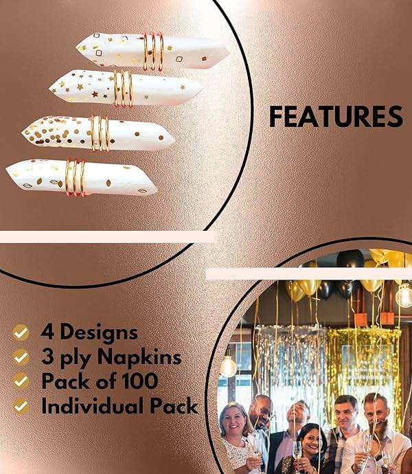 100 PK Gold Napkins - 4 Assorted Designs - 3-Ply Cocktail Napkins Folded 5 x 5 Inches Bar Napkins Disposable Party Napkins Paper Napkins Dinner for Wedding Baby Shower Birthday Graduation 2023 - Image 4
