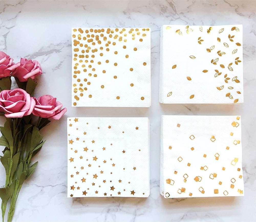 100 PK Gold Napkins - 4 Assorted Designs - 3-Ply Cocktail Napkins Folded 5 x 5 Inches Bar Napkins Disposable Party Napkins Paper Napkins Dinner for Wedding Baby Shower Birthday Graduation 2023 - Image 7