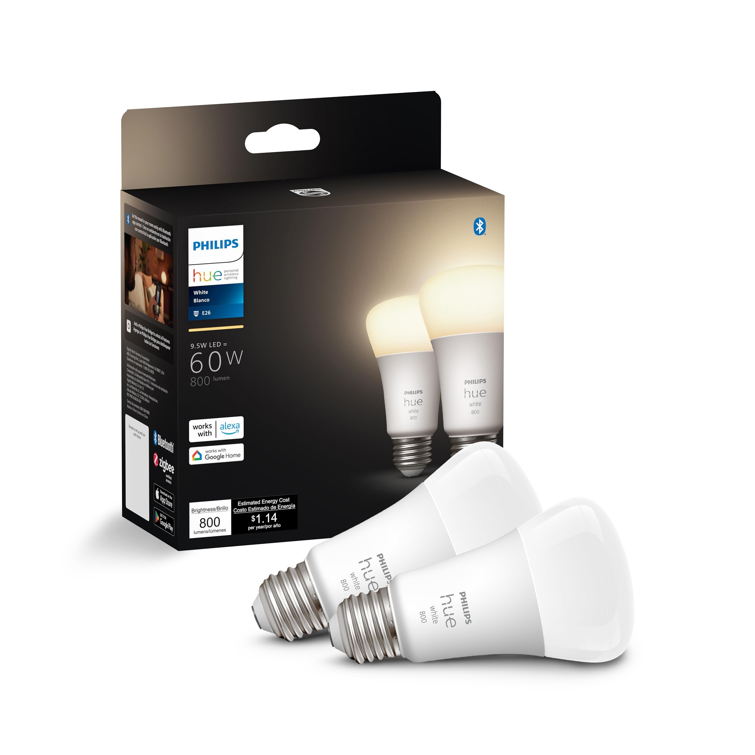 Philips Hue Smart 60W A19 LED Bulb - Soft Warm White Light - 2 Pack - 800LM - E26 - Indoor - Control with Hue App - Works with Alexa, Google Assistant and Apple Homekit - Product Image