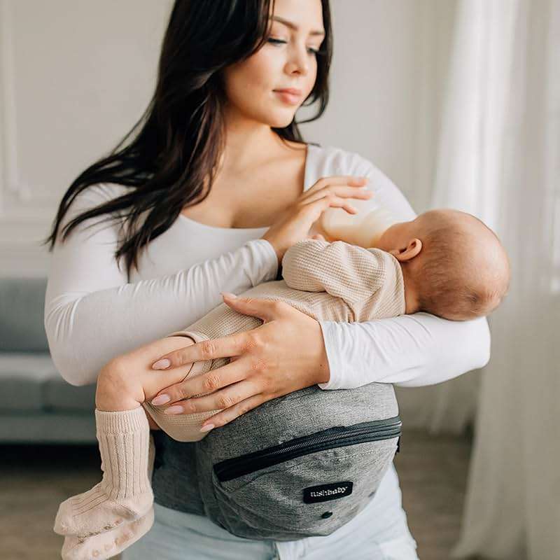 Tushbaby Original Hip Seat Baby Carrier for Babies & Toddlers up to 45 lbs, Safety Certified, Lightweight No-Foam Design with Storage, Grey - Image 2