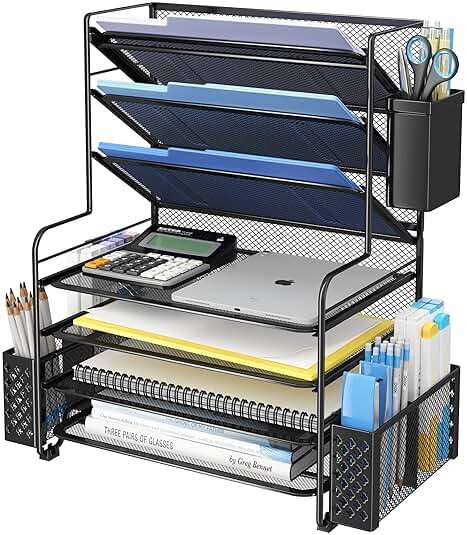 Simple Trending 7 Tier Desk File Organizer, Letter Tray Paper Organizer with Pen Holder and Metal Hanging Basket, Black - Product Image