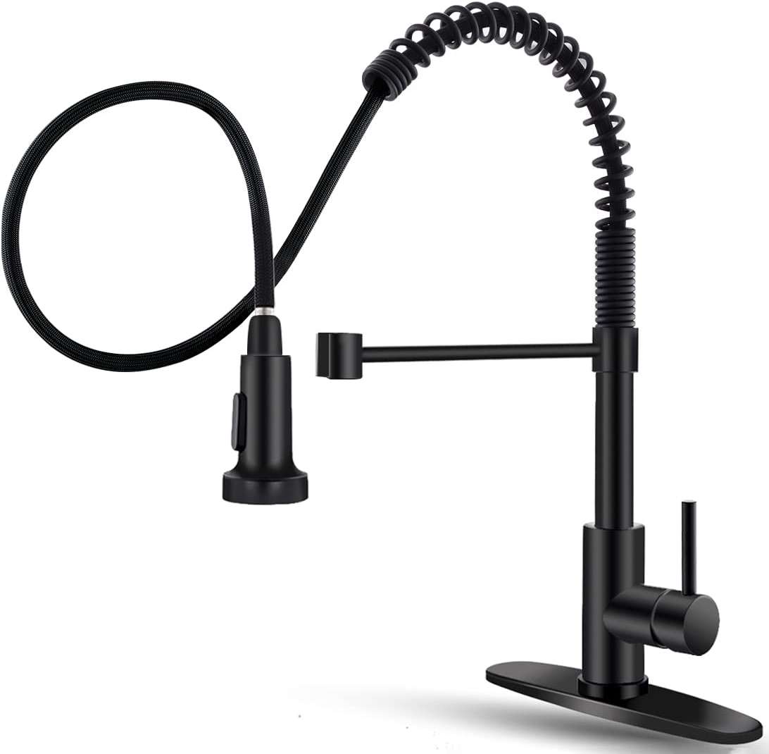 OWOFAN Matte Black Kitchen Faucet with Pull Down Sprayer - Commercial Single Handle Spring Kitchen Sink Faucets, Modern High Arc Laundry Utility Faucet, 1 or 3 Hole Deck Plate Included 9009R - Image 1
