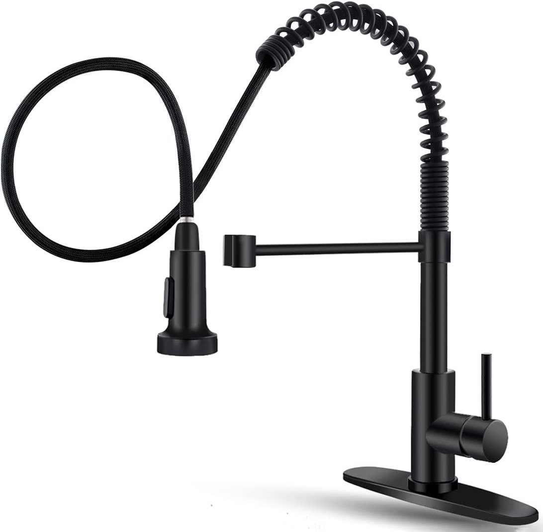 OWOFAN Matte Black Kitchen Faucet with Pull Down Sprayer - Commercial Single Handle Spring Kitchen Sink Faucets, Modern High Arc Laundry Utility Faucet, 1 or 3 Hole Deck Plate Included 9009R - Product Image