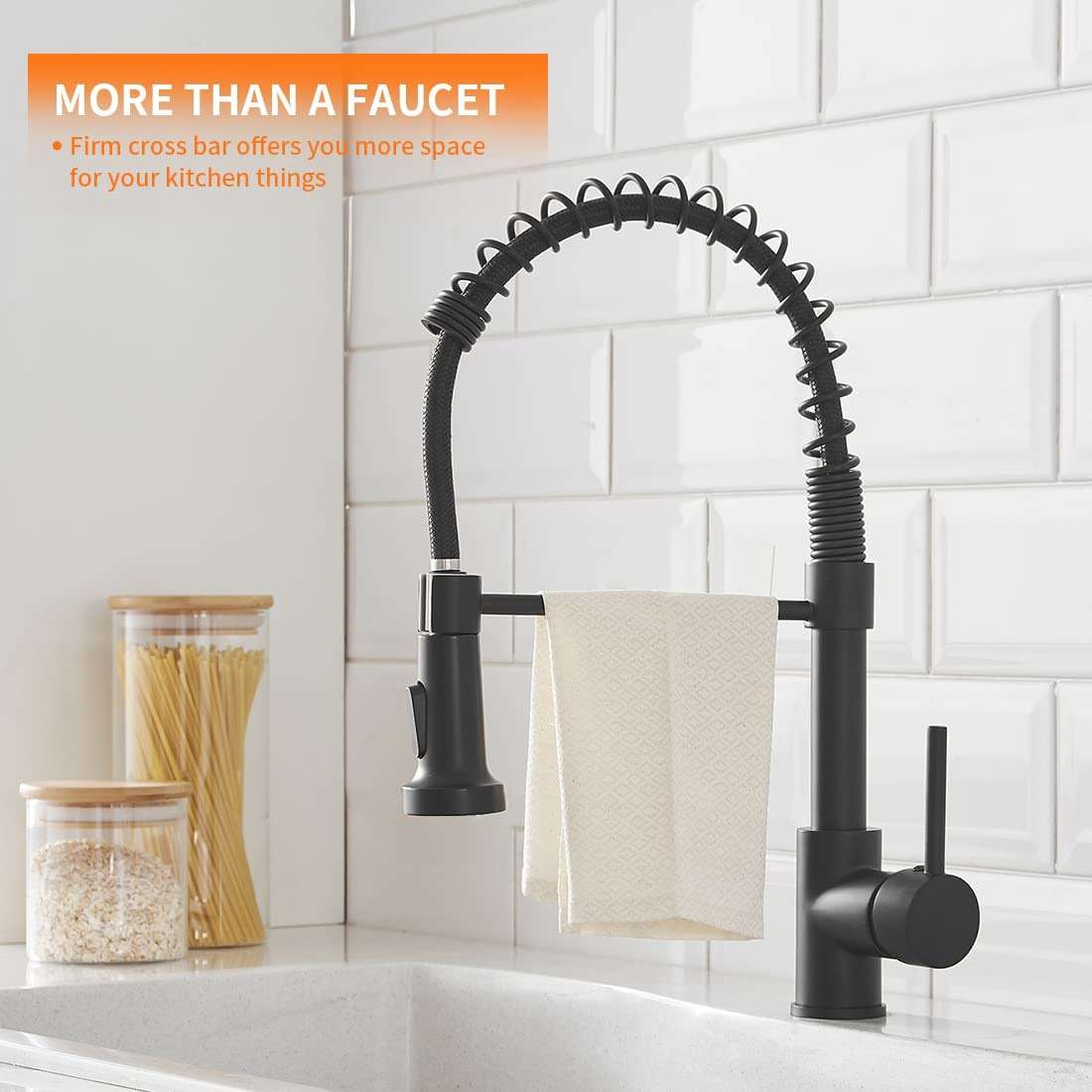 OWOFAN Matte Black Kitchen Faucet with Pull Down Sprayer - Commercial Single Handle Spring Kitchen Sink Faucets, Modern High Arc Laundry Utility Faucet, 1 or 3 Hole Deck Plate Included 9009R - Image 4