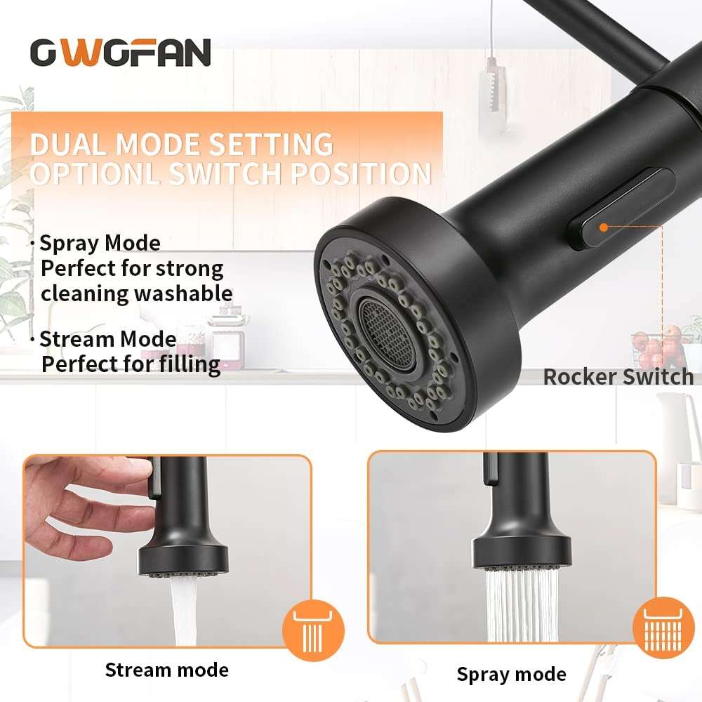 OWOFAN Matte Black Kitchen Faucet with Pull Down Sprayer - Commercial Single Handle Spring Kitchen Sink Faucets, Modern High Arc Laundry Utility Faucet, 1 or 3 Hole Deck Plate Included 9009R - Image 6