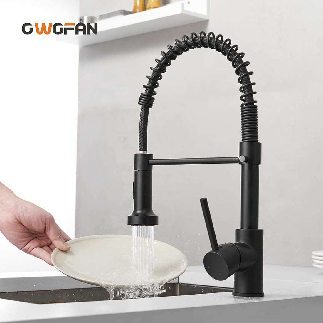 OWOFAN Matte Black Kitchen Faucet with Pull Down Sprayer - Commercial Single Handle Spring Kitchen Sink Faucets, Modern High Arc Laundry Utility Faucet, 1 or 3 Hole Deck Plate Included 9009R - Image 8