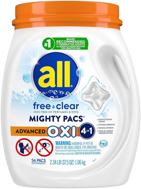 all Laundry Detergent Pacs, Mighty Pacs with OXI Stain Removers and Whiteners, Free Clear, Unscented and Dye Free, 56 Count - Product Image