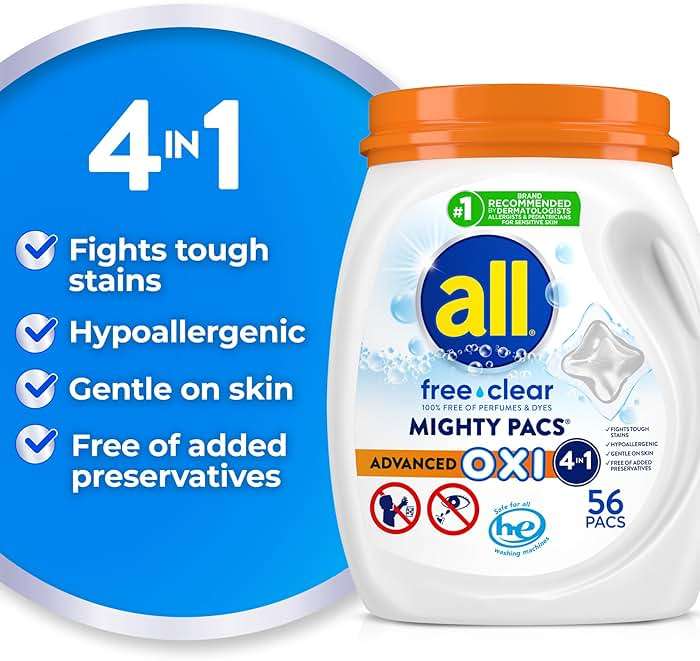 all Laundry Detergent Pacs, Mighty Pacs with OXI Stain Removers and Whiteners, Free Clear, Unscented and Dye Free, 56 Count - Image 2