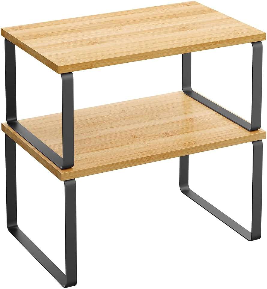 SONGMICS Cabinet Organizer Shelf, Set of 2 Kitchen Counter Shelves, Kitchen Storage, Spice Rack, Stackable, Expandable, Metal and Engineered Wood, 11.7 Inches, Ink Black and Natural Beige UKCS02NB - Image 1