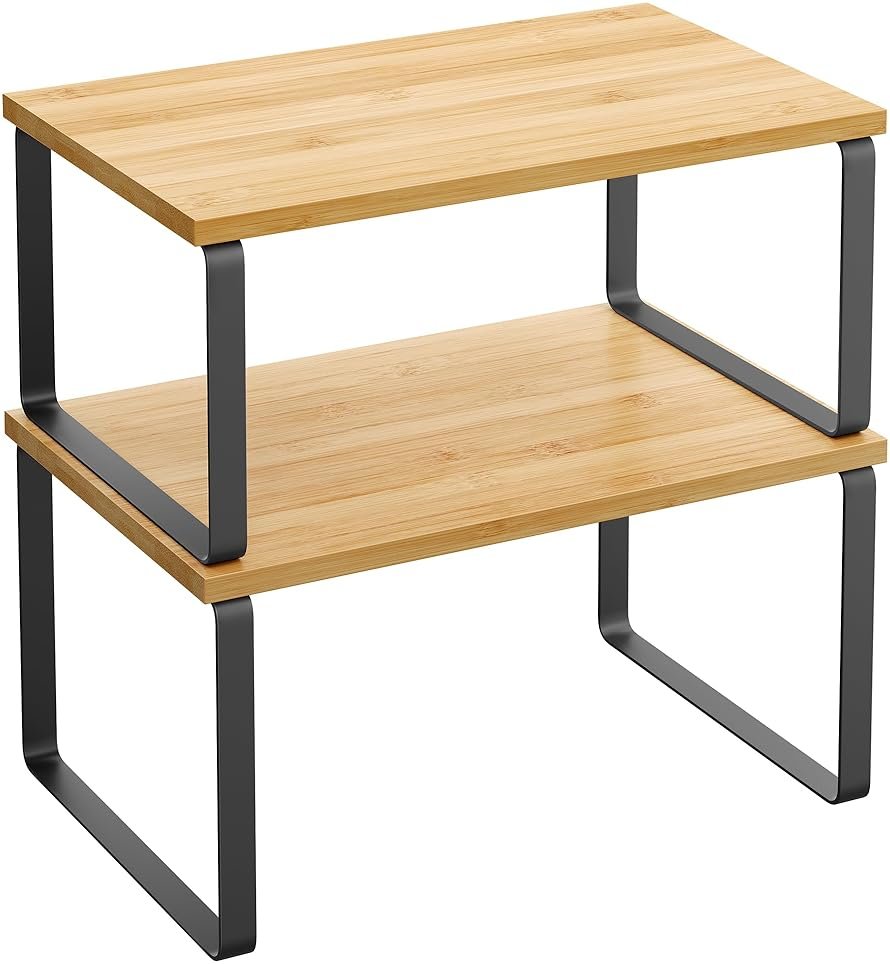 SONGMICS Cabinet Organizer Shelf, Set of 2 Kitchen Counter Shelves, Kitchen Storage, Spice Rack, Stackable, Expandable, Metal and Engineered Wood, 11.7 Inches, Ink Black and Natural Beige UKCS02NB - Product Image