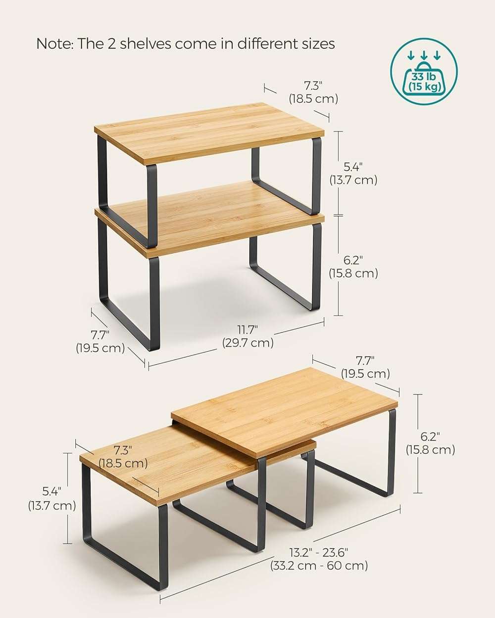 SONGMICS Cabinet Organizer Shelf, Set of 2 Kitchen Counter Shelves, Kitchen Storage, Spice Rack, Stackable, Expandable, Metal and Engineered Wood, 11.7 Inches, Ink Black and Natural Beige UKCS02NB - Image 3