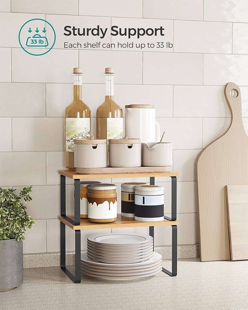 SONGMICS Cabinet Organizer Shelf, Set of 2 Kitchen Counter Shelves, Kitchen Storage, Spice Rack, Stackable, Expandable, Metal and Engineered Wood, 11.7 Inches, Ink Black and Natural Beige UKCS02NB - Image 5