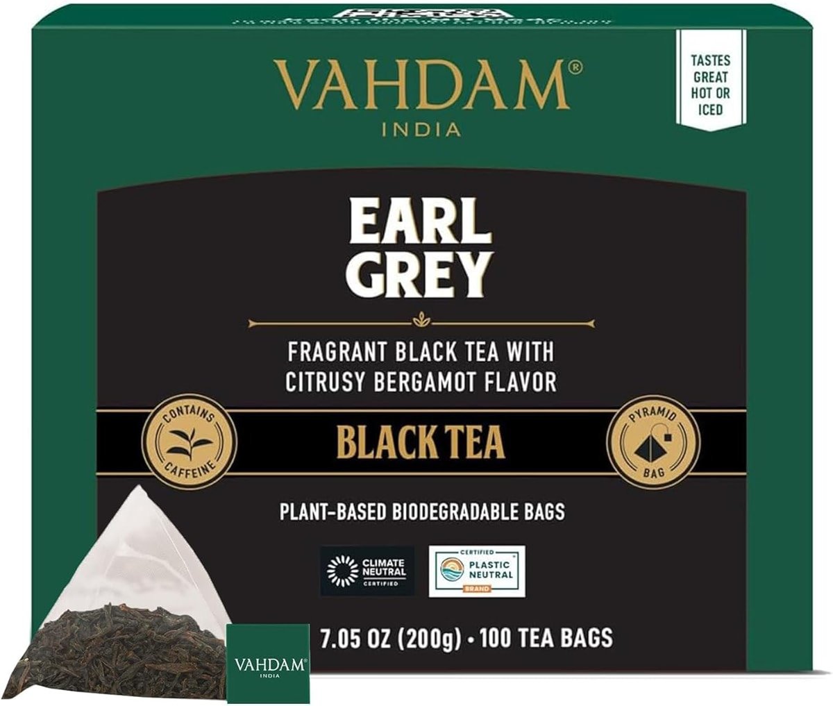 VAHDAM, Earl Grey Black Tea Bags (100 Count) Medium Caffeine, Non GMO, Gluten Free | Citrus Bergamot & Smooth | Resealable Ziplock Pouch | Plant Based Tea Bags - Product Image