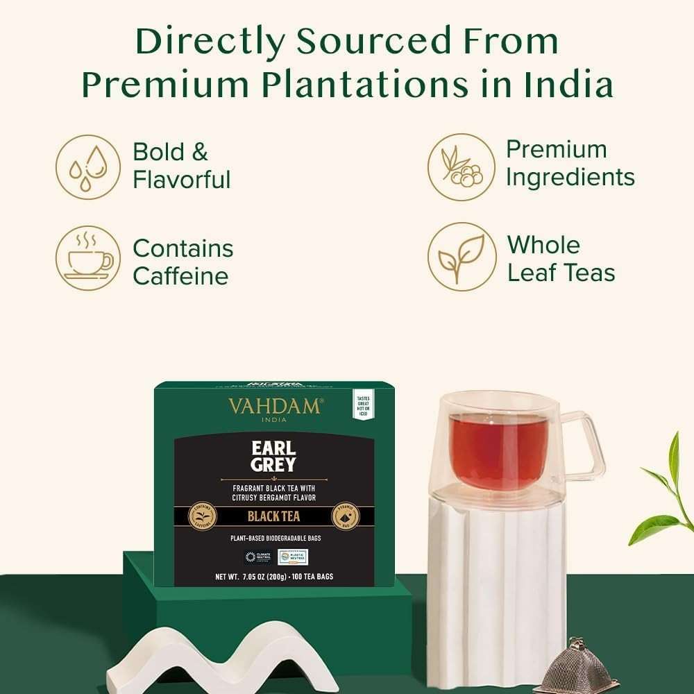 VAHDAM, Earl Grey Black Tea Bags (100 Count) Medium Caffeine, Non GMO, Gluten Free | Citrus Bergamot & Smooth | Resealable Ziplock Pouch | Plant Based Tea Bags - Image 3