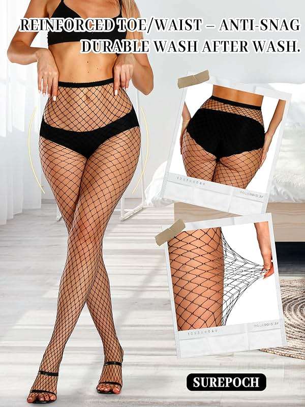 SUREPOCH Women 2 Pairs Fishnet Stockings Black Mesh Pantyhose High Waist Rhinestone Tights - Image 4