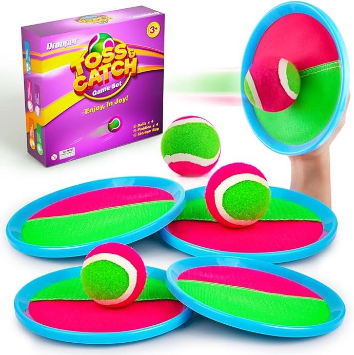 Qrooper Toss and Catch Ball Game Outdoor Toys for Kids Ages 3-12 & Family, Outside Games for Beach Pool Yard Camping, Boys Birthday Gift, 4 Paddles 4 Sticky Balls & Storage Bag - Product Image