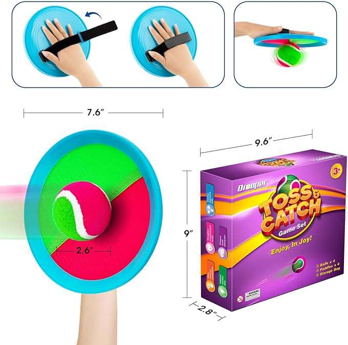 Qrooper Toss and Catch Ball Game Outdoor Toys for Kids Ages 3-12 & Family, Outside Games for Beach Pool Yard Camping, Boys Birthday Gift, 4 Paddles 4 Sticky Balls & Storage Bag - Image 3