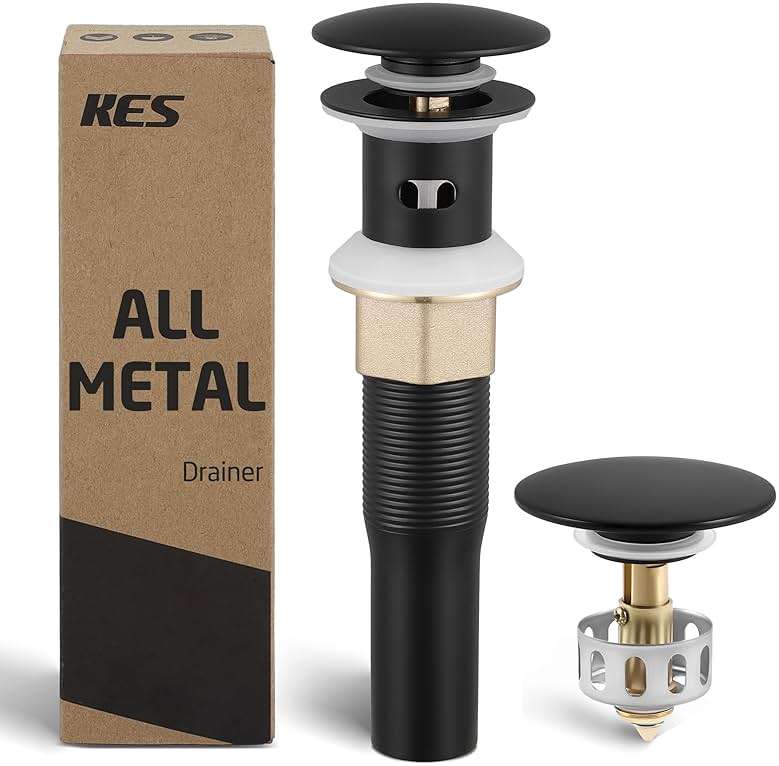 KES All Metal Bathroom Sink Drain with Strainer Basket Hair Catcher Anti Clog Pop Up Drain Stopper for Lavatory Vanity Vessel Sink with Overflow, Rustproof 18/8 Stainless Steel Matte Black S2013A-BK - Image 1
