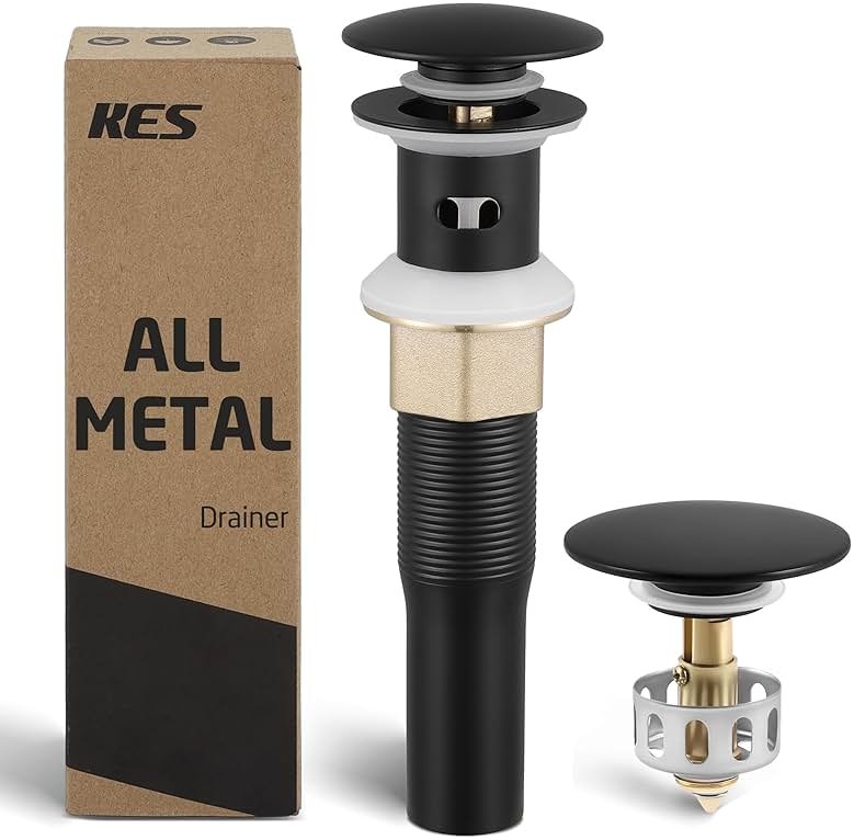 KES All Metal Bathroom Sink Drain with Strainer Basket Hair Catcher Anti Clog Pop Up Drain Stopper for Lavatory Vanity Vessel Sink with Overflow, Rustproof 18/8 Stainless Steel Matte Black S2013A-BK - Product Image