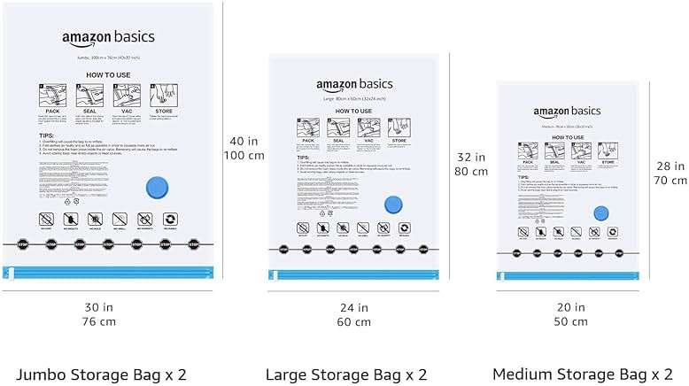 Amazon Basics Vacuum Storage Bags for Clothing, Multiple Sizes Compression Zipper Bags with Hand Pump for Space Saving and Travel, 6-Pack (2 Medium, 2 Large, 2 Jumbo), Transparent - Image 3