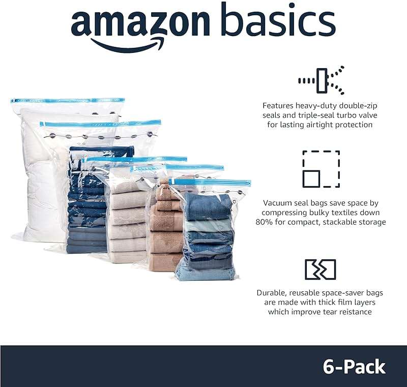 Amazon Basics Vacuum Storage Bags for Clothing, Multiple Sizes Compression Zipper Bags with Hand Pump for Space Saving and Travel, 6-Pack (2 Medium, 2 Large, 2 Jumbo), Transparent - Image 4