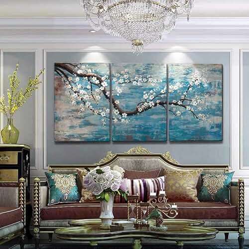 amatop Extra Large Wall Art for Living Room 100% Hand-Painted Framed Decorative Plum Floral Oil Painting Set Decorative Modern Blue Tree Artwork Ready to Hang - Image 1