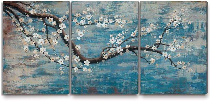 amatop Extra Large Wall Art for Living Room 100% Hand-Painted Framed Decorative Plum Floral Oil Painting Set Decorative Modern Blue Tree Artwork Ready to Hang - Image 2
