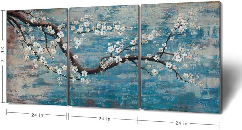 amatop Extra Large Wall Art for Living Room 100% Hand-Painted Framed Decorative Plum Floral Oil Painting Set Decorative Modern Blue Tree Artwork Ready to Hang - Image 3