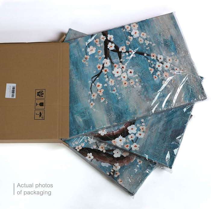 amatop Extra Large Wall Art for Living Room 100% Hand-Painted Framed Decorative Plum Floral Oil Painting Set Decorative Modern Blue Tree Artwork Ready to Hang - Image 5