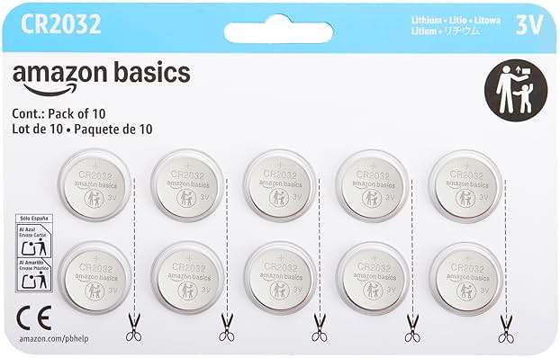 Amazon Basics CR2032 3V Lithium Coin Cell Batteries for Key Fob, Watch, Remote, Child-Proof Package, Non-Coated, AirTag Compatible, 10-Pack - Image 1