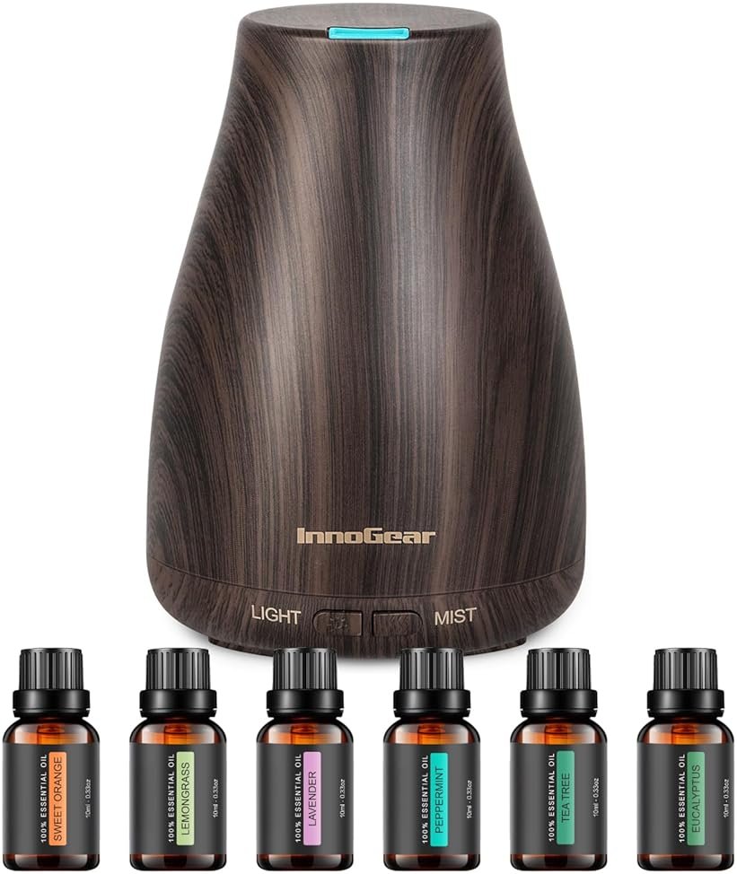 InnoGear Essential Oil Diffuser with Oils, 100ml Aromatherapy Diffuser with 6 Essential Oils Set, Aroma Cool Mist Humidifier Gift Set, Dark Wood Grain - Product Image