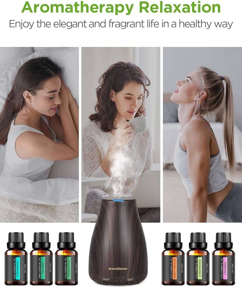 InnoGear Essential Oil Diffuser with Oils, 100ml Aromatherapy Diffuser with 6 Essential Oils Set, Aroma Cool Mist Humidifier Gift Set, Dark Wood Grain - Image 6