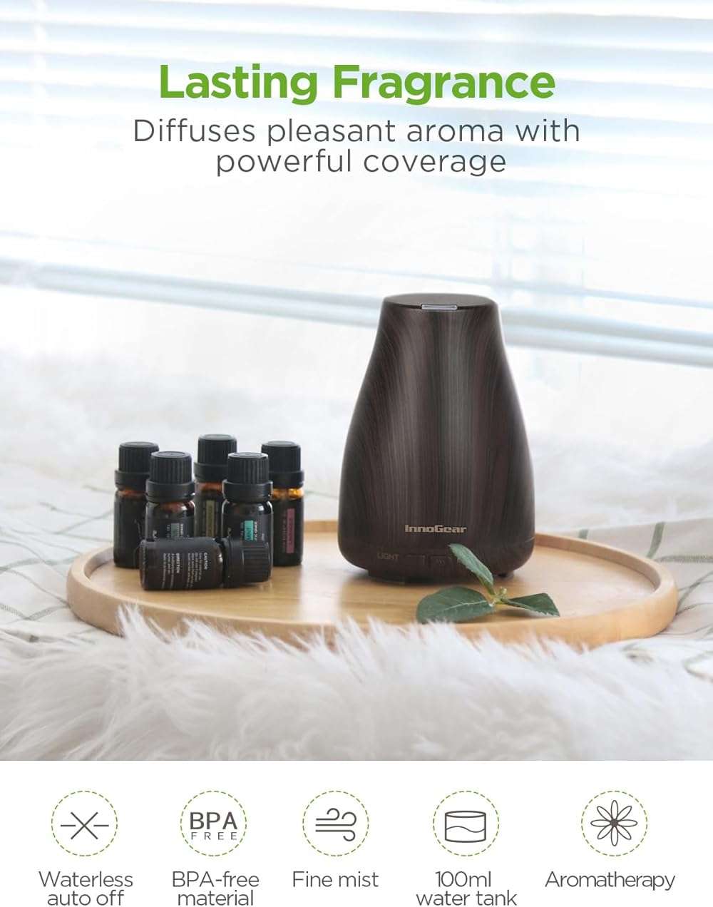 InnoGear Essential Oil Diffuser with Oils, 100ml Aromatherapy Diffuser with 6 Essential Oils Set, Aroma Cool Mist Humidifier Gift Set, Dark Wood Grain - Image 7
