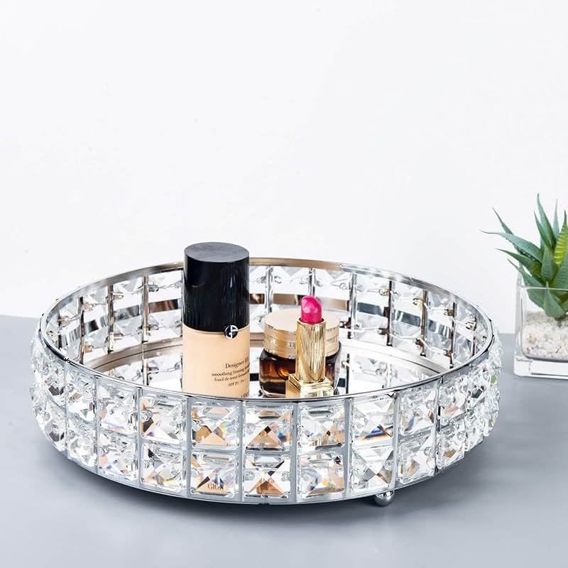 Feyarl Crystal Perfume Vanity Makeup Tray Mirrored Ornate Jewelry Trinket Tray Organizer Sparkly Bling Cosmetic Skin Care Decorative Tray with Glass Bottom Surface for Home Decor Dresser Desktop - Product Image