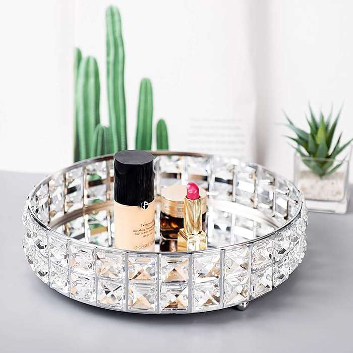 Feyarl Crystal Perfume Vanity Makeup Tray Mirrored Ornate Jewelry Trinket Tray Organizer Sparkly Bling Cosmetic Skin Care Decorative Tray with Glass Bottom Surface for Home Decor Dresser Desktop - Image 4