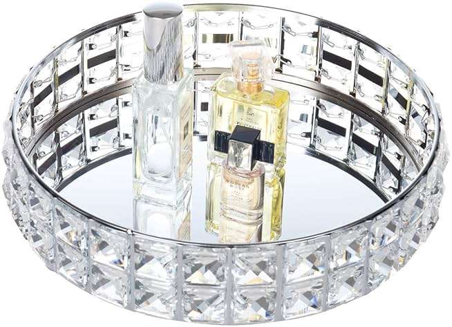 Feyarl Crystal Perfume Vanity Makeup Tray Mirrored Ornate Jewelry Trinket Tray Organizer Sparkly Bling Cosmetic Skin Care Decorative Tray with Glass Bottom Surface for Home Decor Dresser Desktop - Image 8