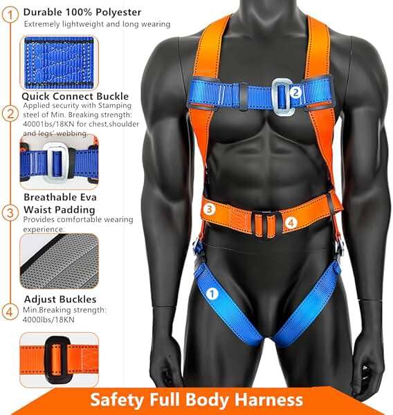 GLOROUSCHU Full Body Safety Harness Tool Fall Protection,OSHA/ANSI Compliant,ASTM F1774certified | INTERNAL Shock Absorbing Lanyard(Orange) - Image 3